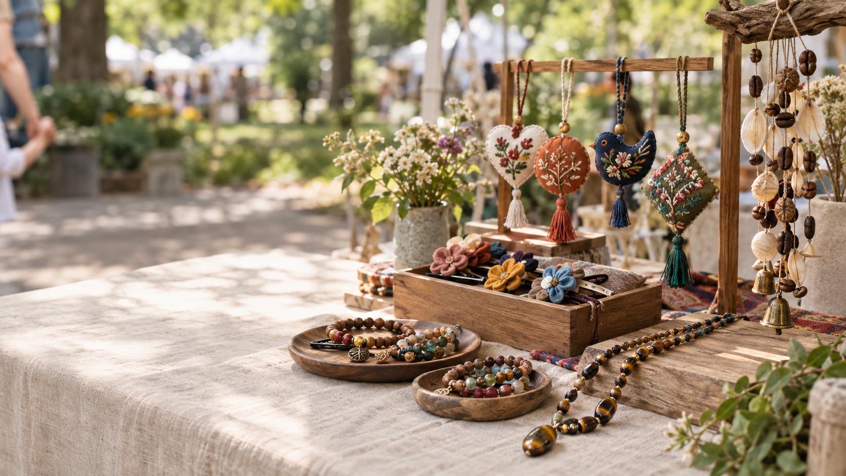 A warm market table arranged with embroidered textile accessories, beads, necklaces, and natural materials
