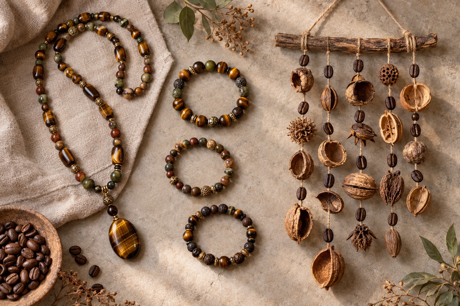 Tiger's eye and mineral-toned long necklaces arranged on linen
