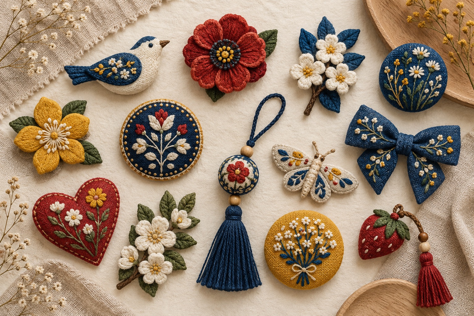 Colorful embroidered textile accessories on natural linen